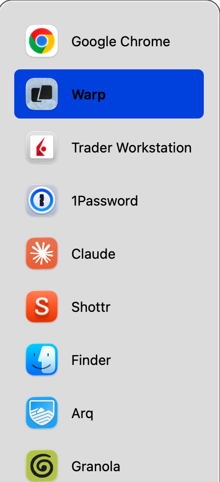 The CmdTab app switcher: a vertical list of running applications, each with its icon and name, with the second entry highlighted.