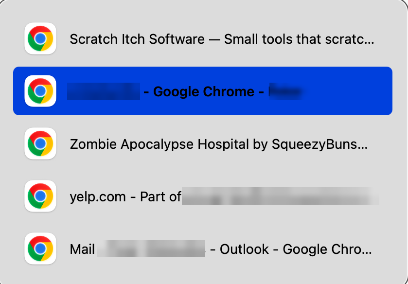 The CmdTab window switcher: a list of the open windows belonging to one application, each with its title, with the second entry highlighted. Some window titles are redacted.