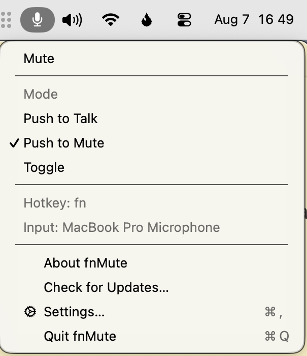 The fnMute menu open in the macOS menu bar, with a Mute command, the Push to Talk, Push to Mute and Toggle modes with Push to Mute selected, and the current hotkey and input device listed below them.