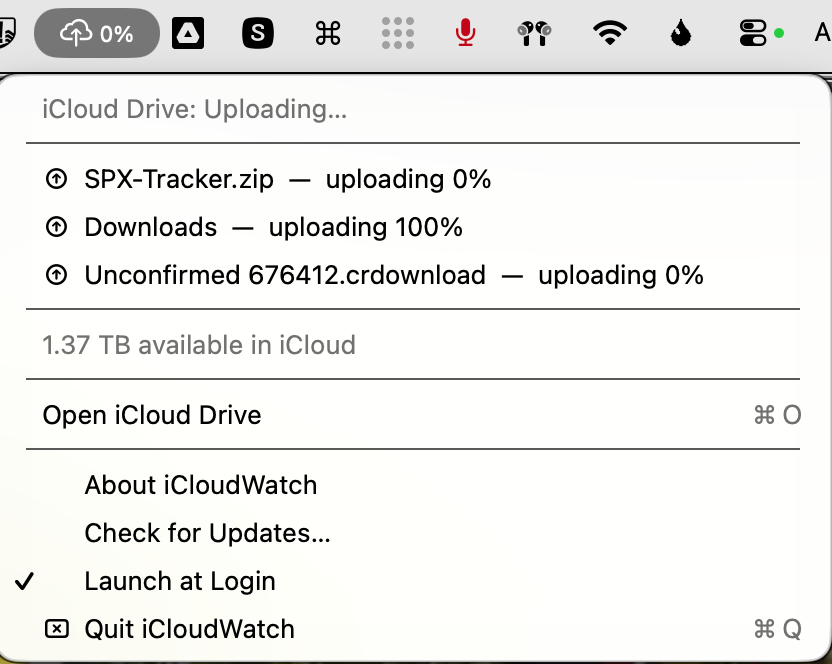 The iCloudWatch menu open in the macOS menu bar, listing three files currently uploading with progress percentages, the storage remaining in iCloud, and an Open iCloud Drive shortcut.