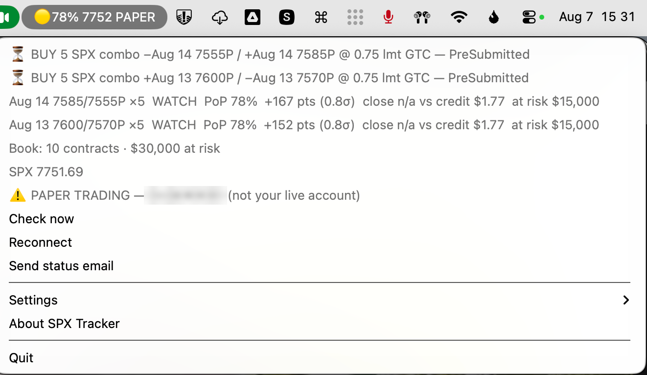 The SPX Tracker menu open in the macOS menu bar, showing two working orders, two SPX put credit spreads at WATCH with their probability of profit and distance from the short strike, the total contracts and capital at risk, the current SPX level, and a paper-trading warning.